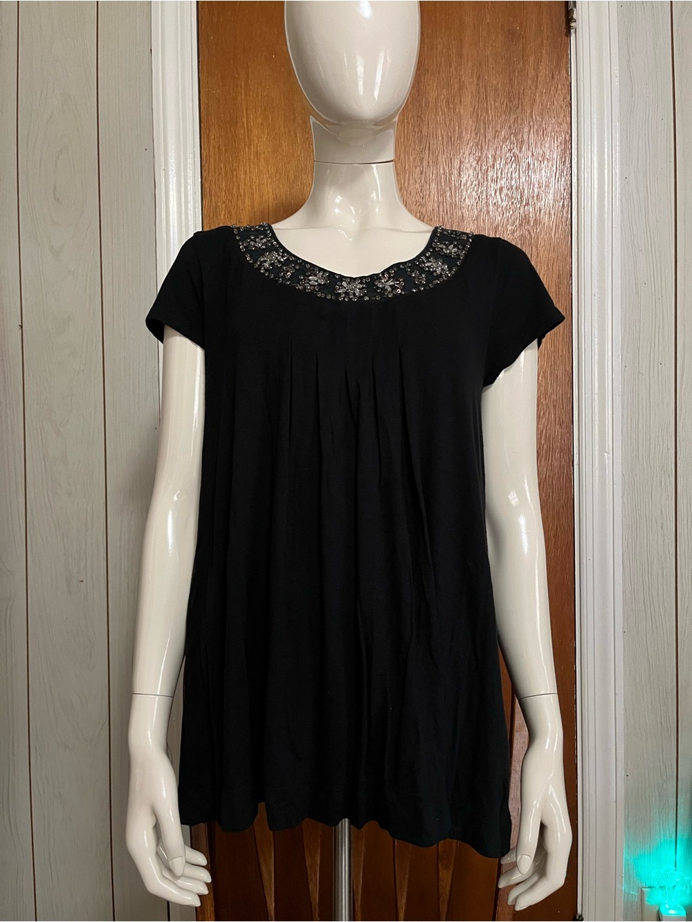 a.n.a Black Short-Sleeve Tunic with Beaded Scoop Neckline